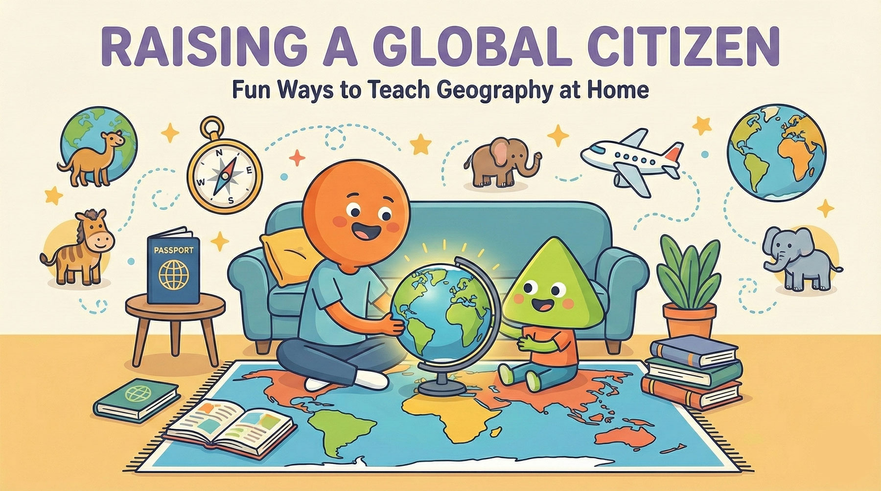 A fun, illustrated world map showing continents and animals