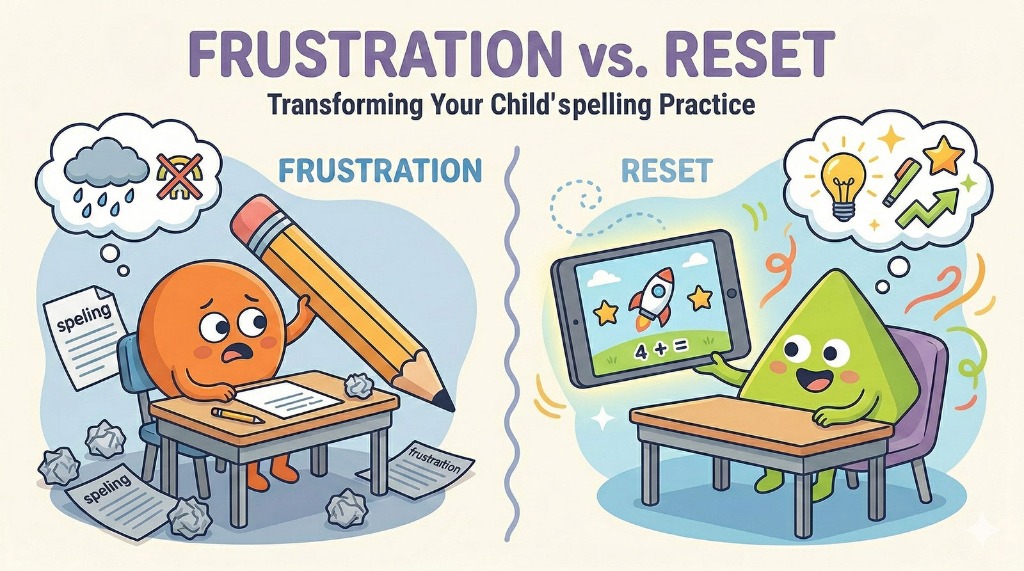 An infographic contrasting a frustrated child at a messy desk with a child happily playing a digital learning game to reset their brain