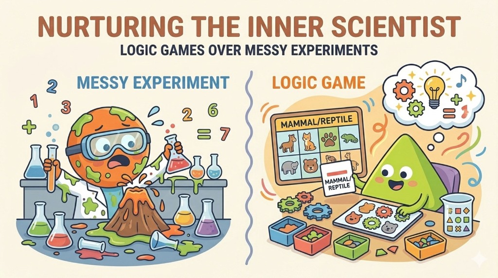 A comparison illustration showing the chaos of a messy science volcano experiment versus the calm, focused learning of a digital science sorting logic game