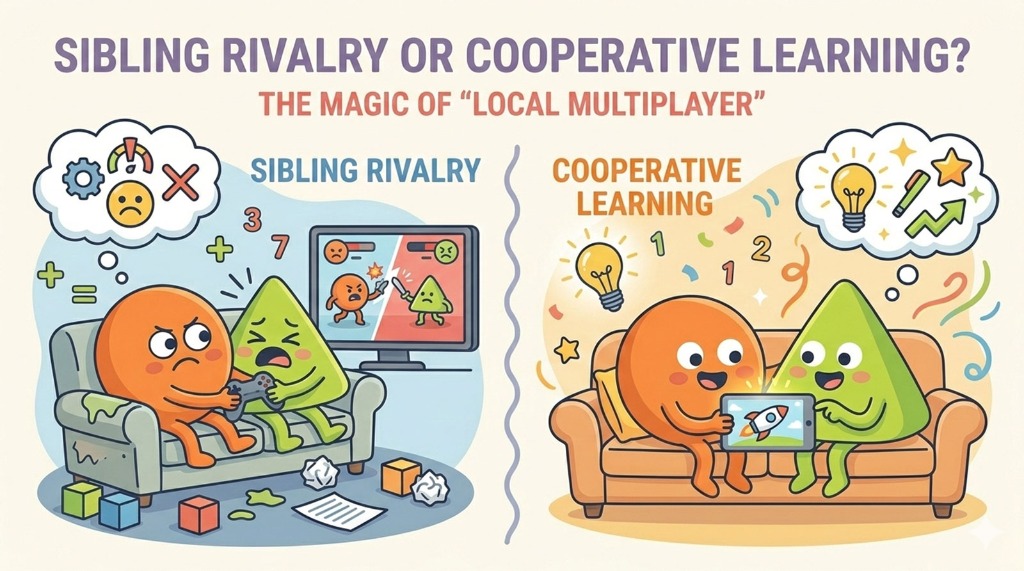 A before-and-after graphic showing two kids arguing over a single-player game, then happily learning cooperatively on a shared tablet