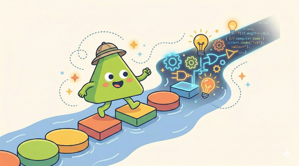 A confident green triangle character hopping across stepping stones towards a glowing river of logic gates and code symbols