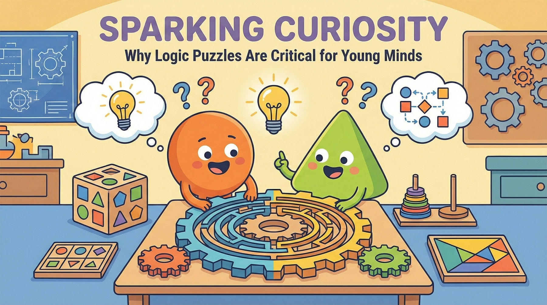 Colorful cartoon beakers and scientific equipment representing logic puzzles