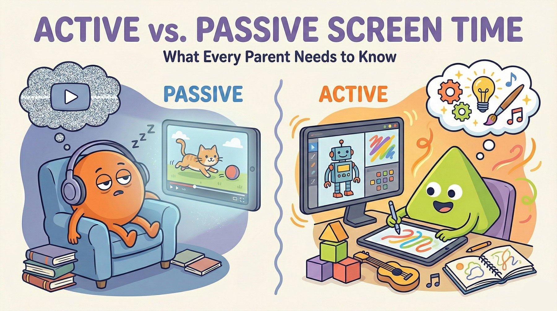 Illustration comparing passive video watching versus active educational gaming