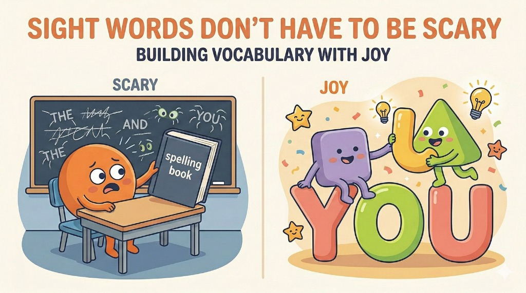 A scary spelling book next to a terrified student, contrasted with joyful cartoon shapes arranging large colorful letters to build vocabulary