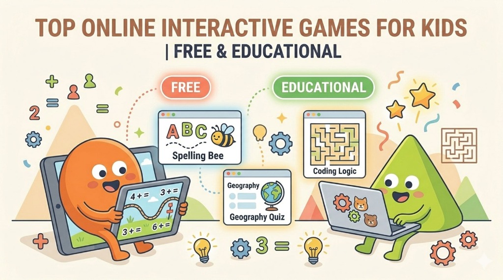 Infographic showcasing free and educational interactive games covering spelling bees, geography quizzes, and coding logic puzzles